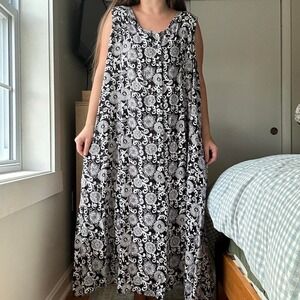 Vintage Black & White Floral Maxi Button Down Dress Size XL